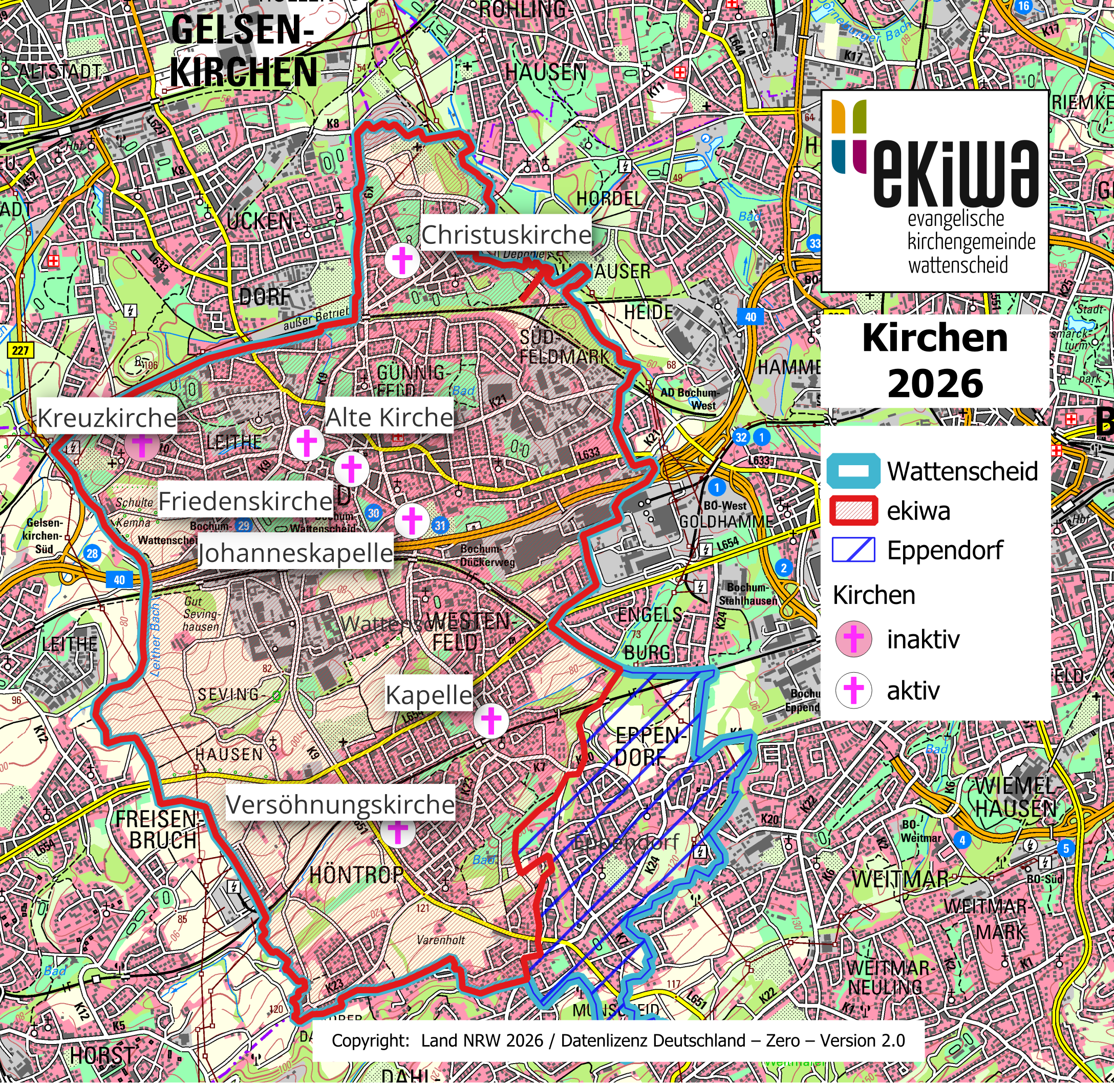 Karte mit dem Stadtbezirk Wattenscheid. und den ungefähren Grenzen der Evagelischen Kirchengemeinde Wattenscheid. Die Gotteshäuser sind markiert.
